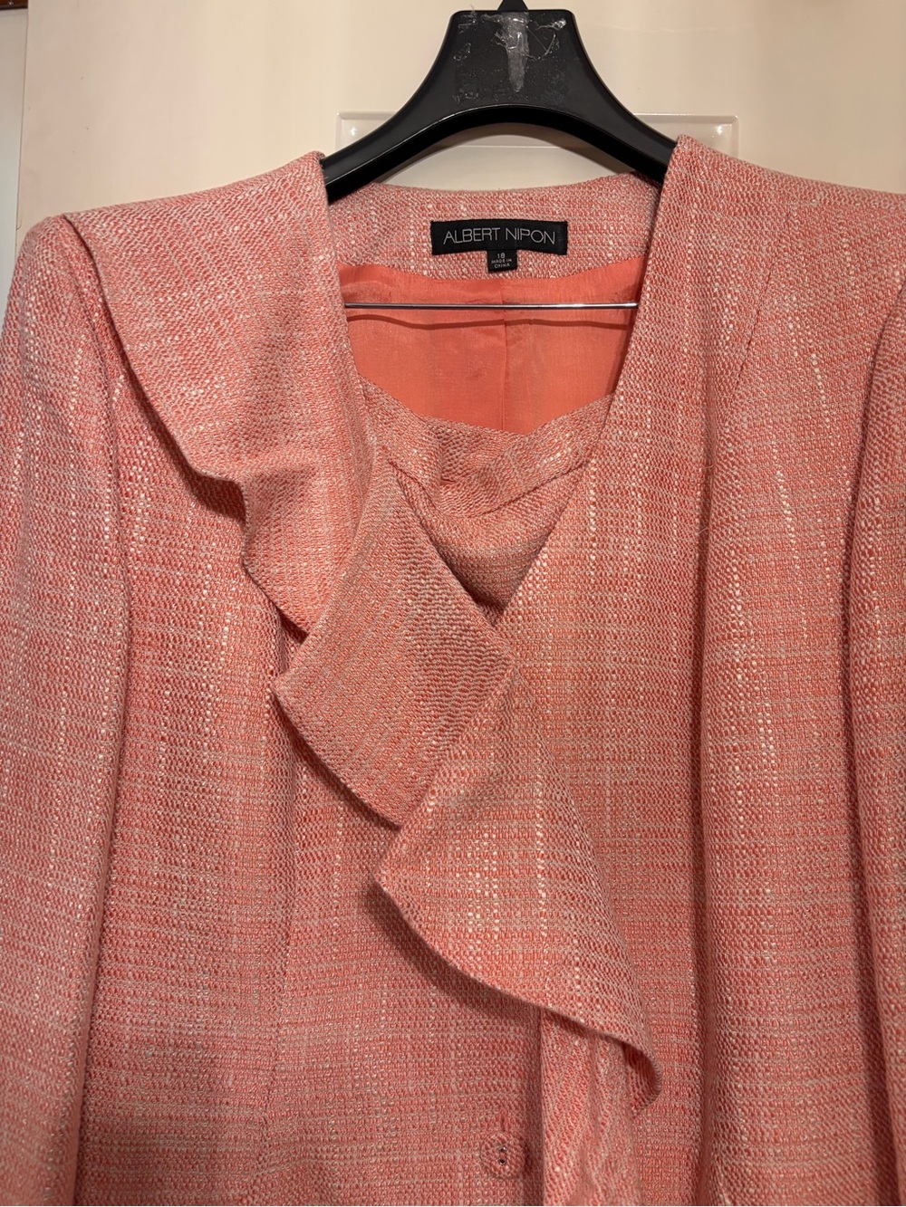 Albert Nipon Coral Pink Tweed Ruffle-Trim Suit